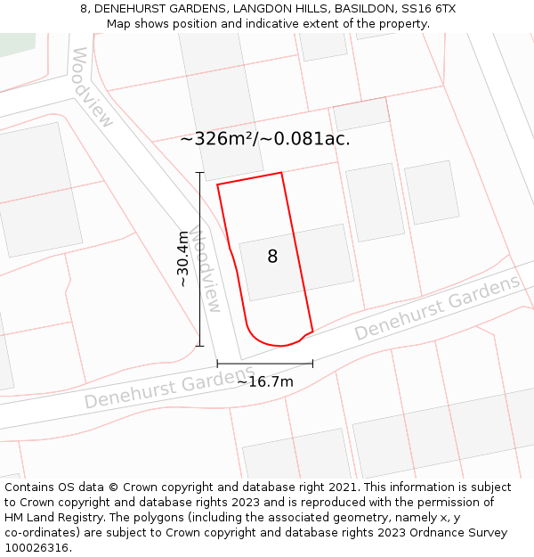 8, DENEHURST GARDENS, LANGDON HILLS, BASILDON, SS16 6TX: Plot and title map