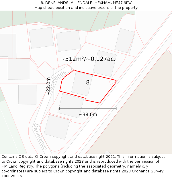 8, DENELANDS, ALLENDALE, HEXHAM, NE47 9PW: Plot and title map