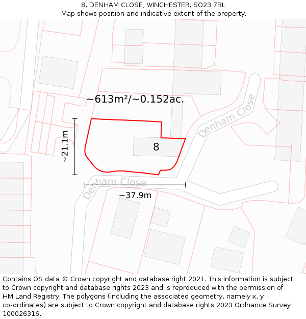 8, DENHAM CLOSE, WINCHESTER, SO23 7BL: Plot and title map