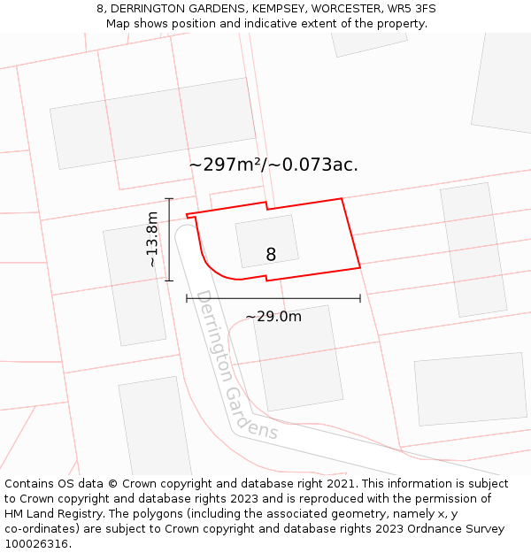 8, DERRINGTON GARDENS, KEMPSEY, WORCESTER, WR5 3FS: Plot and title map