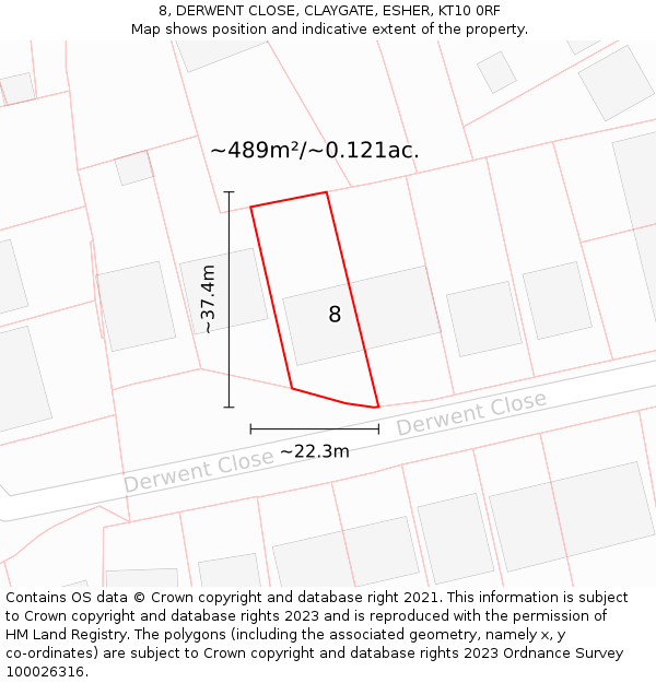 8, DERWENT CLOSE, CLAYGATE, ESHER, KT10 0RF: Plot and title map