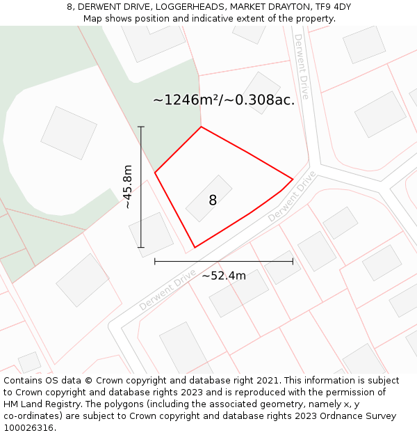 8, DERWENT DRIVE, LOGGERHEADS, MARKET DRAYTON, TF9 4DY: Plot and title map