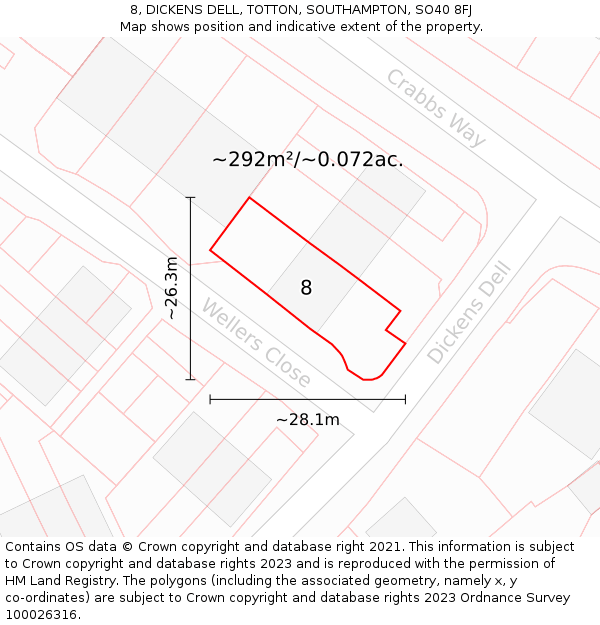 8, DICKENS DELL, TOTTON, SOUTHAMPTON, SO40 8FJ: Plot and title map