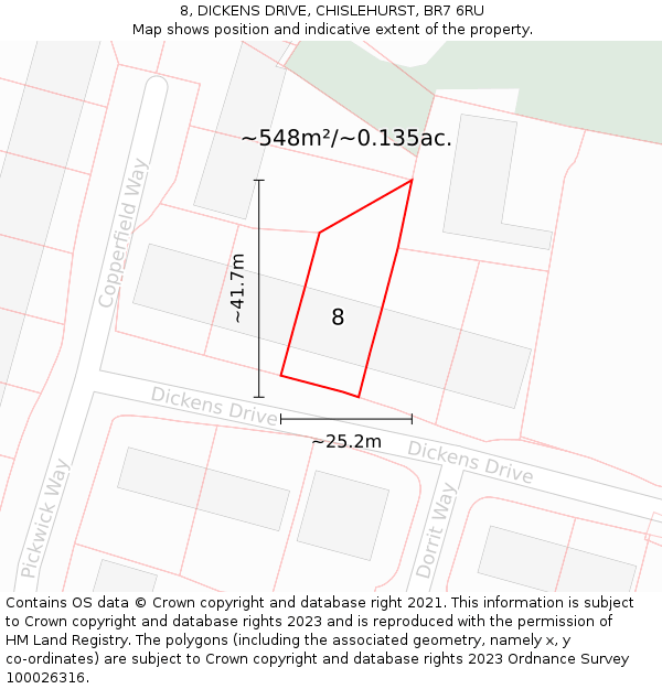 8, DICKENS DRIVE, CHISLEHURST, BR7 6RU: Plot and title map