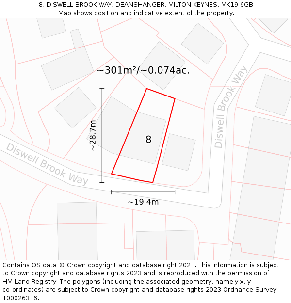 8, DISWELL BROOK WAY, DEANSHANGER, MILTON KEYNES, MK19 6GB: Plot and title map