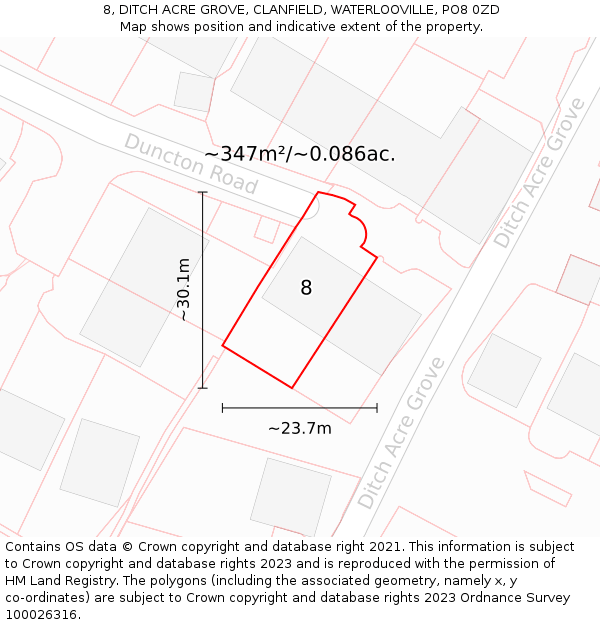 8, DITCH ACRE GROVE, CLANFIELD, WATERLOOVILLE, PO8 0ZD: Plot and title map