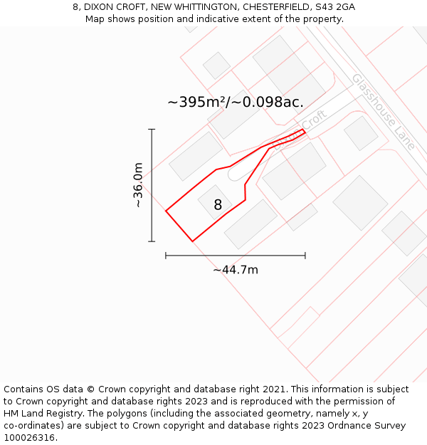 8, DIXON CROFT, NEW WHITTINGTON, CHESTERFIELD, S43 2GA: Plot and title map