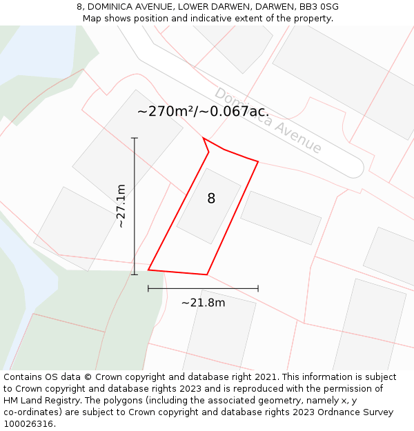 8, DOMINICA AVENUE, LOWER DARWEN, DARWEN, BB3 0SG: Plot and title map