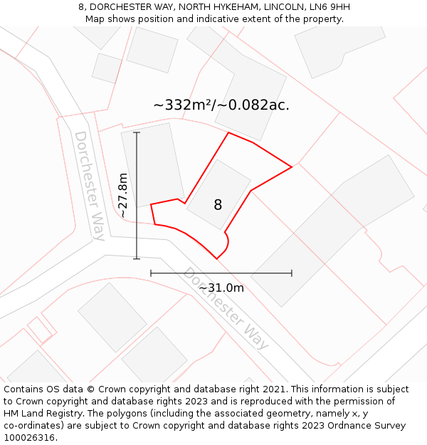 8, DORCHESTER WAY, NORTH HYKEHAM, LINCOLN, LN6 9HH: Plot and title map