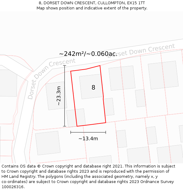 8, DORSET DOWN CRESCENT, CULLOMPTON, EX15 1TT: Plot and title map