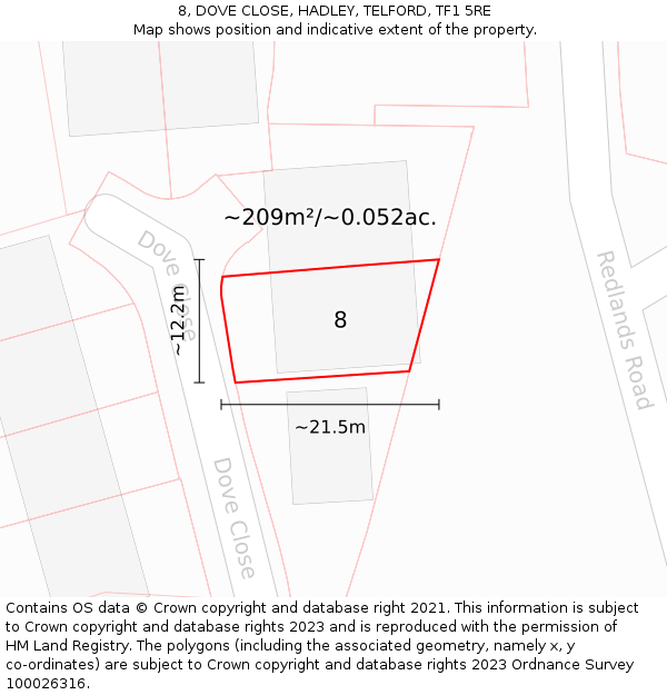 8, DOVE CLOSE, HADLEY, TELFORD, TF1 5RE: Plot and title map