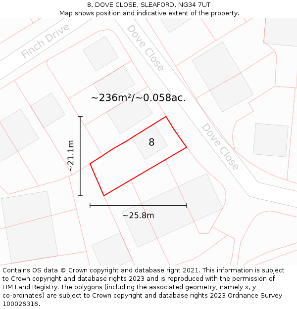 8, DOVE CLOSE, SLEAFORD, NG34 7UT: Plot and title map