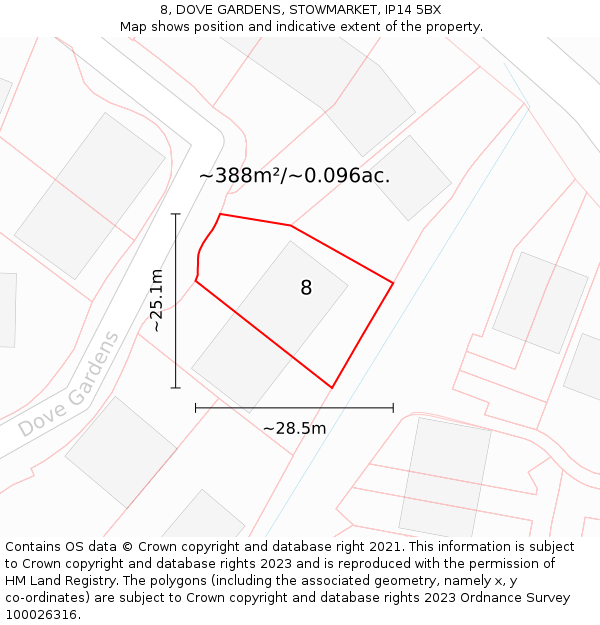 8, DOVE GARDENS, STOWMARKET, IP14 5BX: Plot and title map