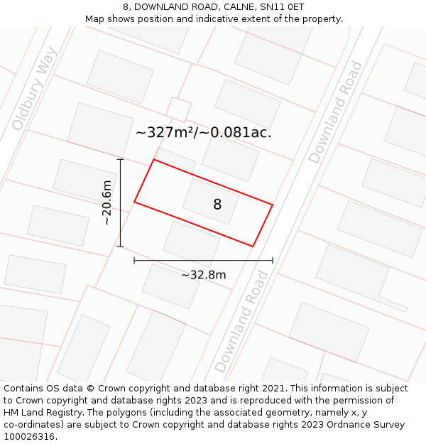 8, DOWNLAND ROAD, CALNE, SN11 0ET: Plot and title map