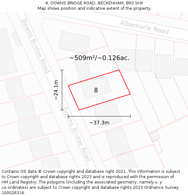 8, DOWNS BRIDGE ROAD, BECKENHAM, BR3 5HX: Plot and title map