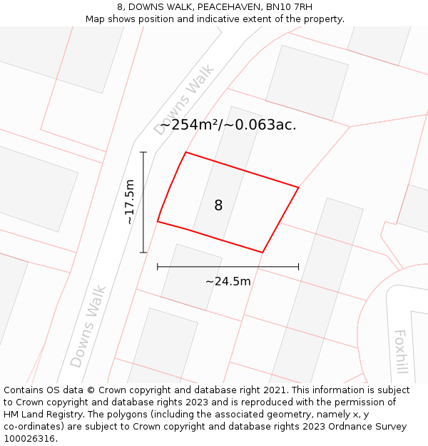 8, DOWNS WALK, PEACEHAVEN, BN10 7RH: Plot and title map