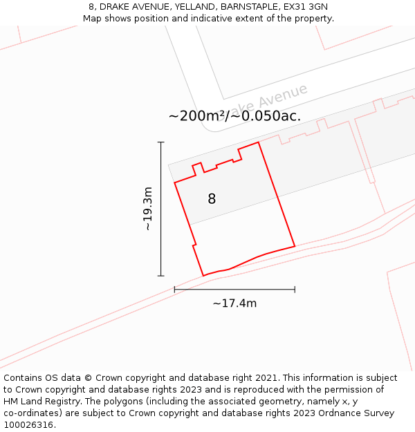 8, DRAKE AVENUE, YELLAND, BARNSTAPLE, EX31 3GN: Plot and title map