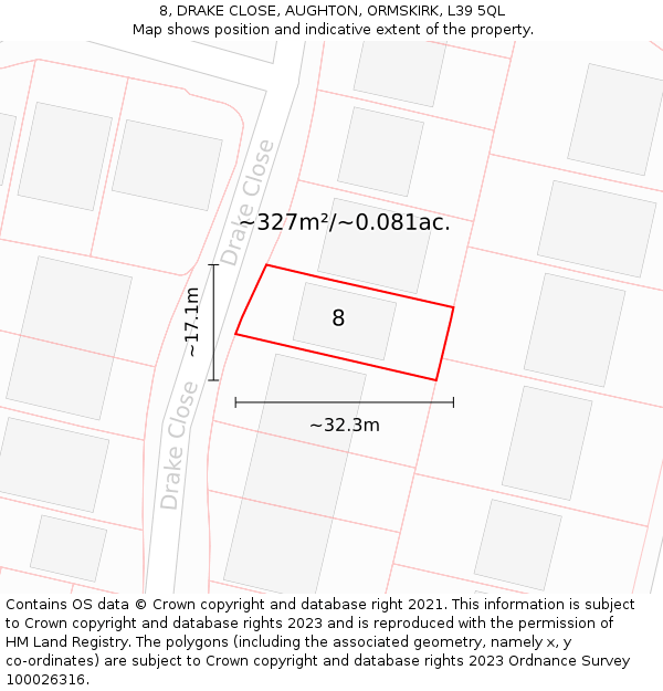 8, DRAKE CLOSE, AUGHTON, ORMSKIRK, L39 5QL: Plot and title map