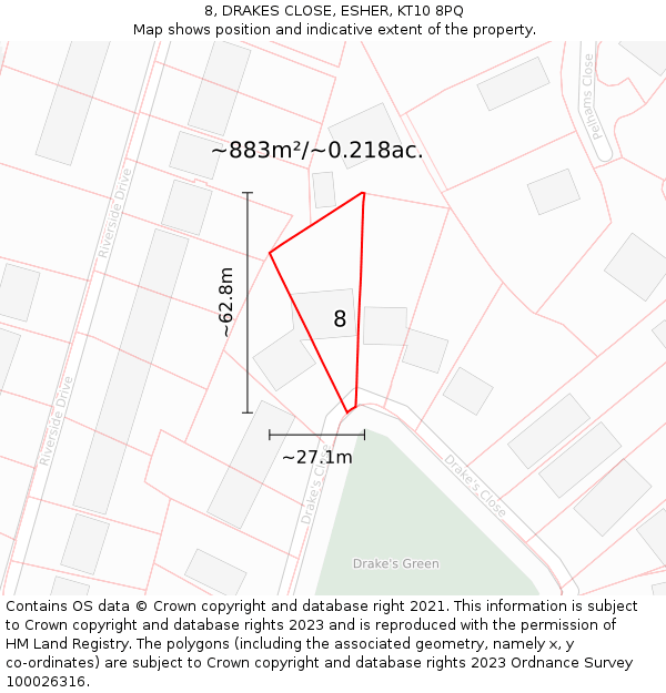 8, DRAKES CLOSE, ESHER, KT10 8PQ: Plot and title map