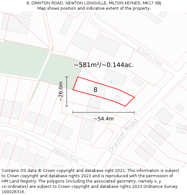 8, DRAYTON ROAD, NEWTON LONGVILLE, MILTON KEYNES, MK17 0BJ: Plot and title map