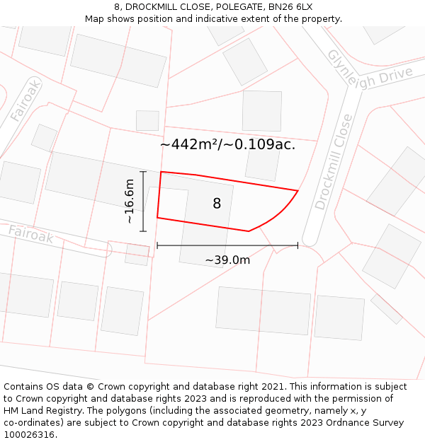 8, DROCKMILL CLOSE, POLEGATE, BN26 6LX: Plot and title map