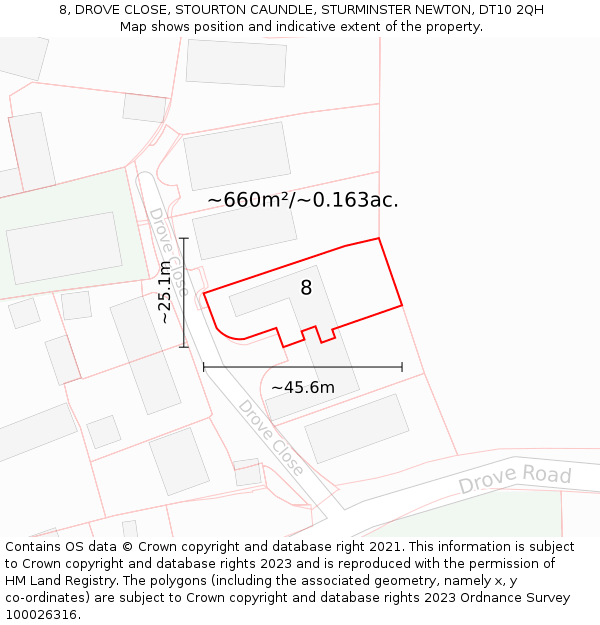 8, DROVE CLOSE, STOURTON CAUNDLE, STURMINSTER NEWTON, DT10 2QH: Plot and title map