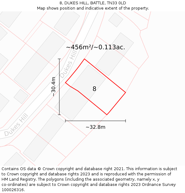 8, DUKES HILL, BATTLE, TN33 0LD: Plot and title map