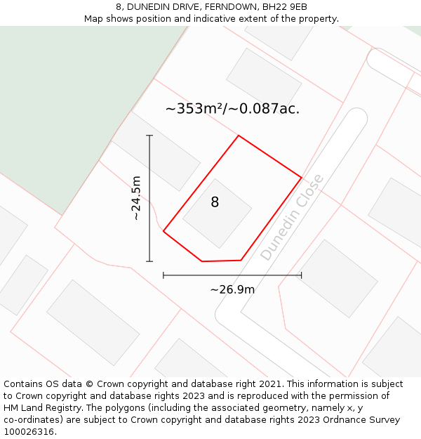 8, DUNEDIN DRIVE, FERNDOWN, BH22 9EB: Plot and title map