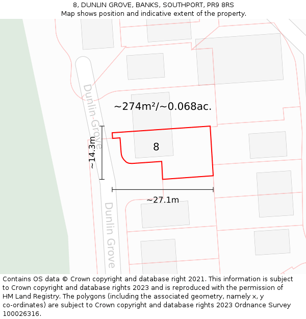 8, DUNLIN GROVE, BANKS, SOUTHPORT, PR9 8RS: Plot and title map