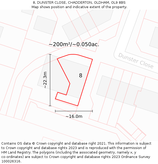 8, DUNSTER CLOSE, CHADDERTON, OLDHAM, OL9 8BS: Plot and title map