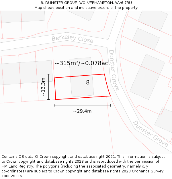 8, DUNSTER GROVE, WOLVERHAMPTON, WV6 7RU: Plot and title map