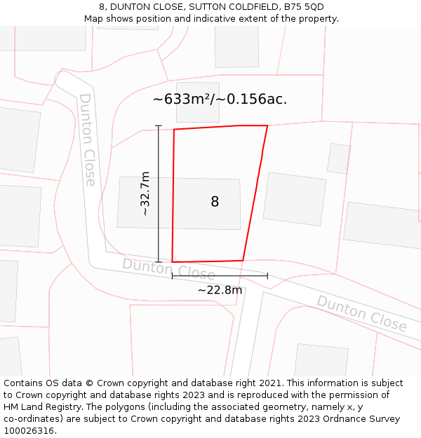 8, DUNTON CLOSE, SUTTON COLDFIELD, B75 5QD: Plot and title map