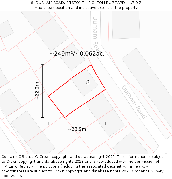 8, DURHAM ROAD, PITSTONE, LEIGHTON BUZZARD, LU7 9JZ: Plot and title map