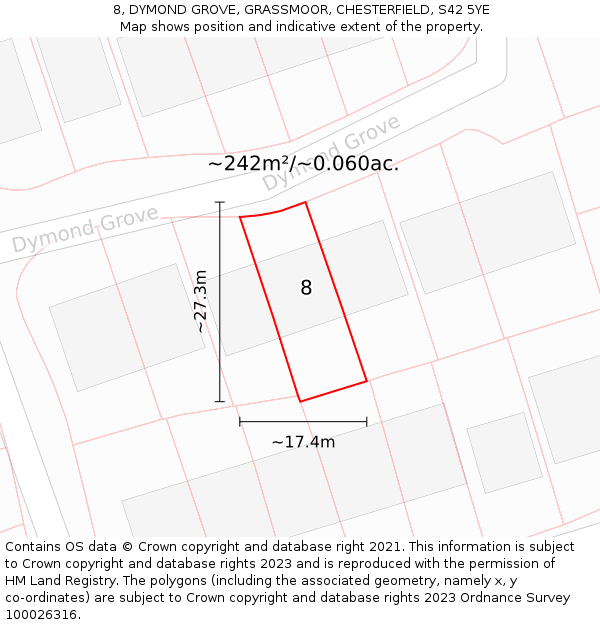 8, DYMOND GROVE, GRASSMOOR, CHESTERFIELD, S42 5YE: Plot and title map