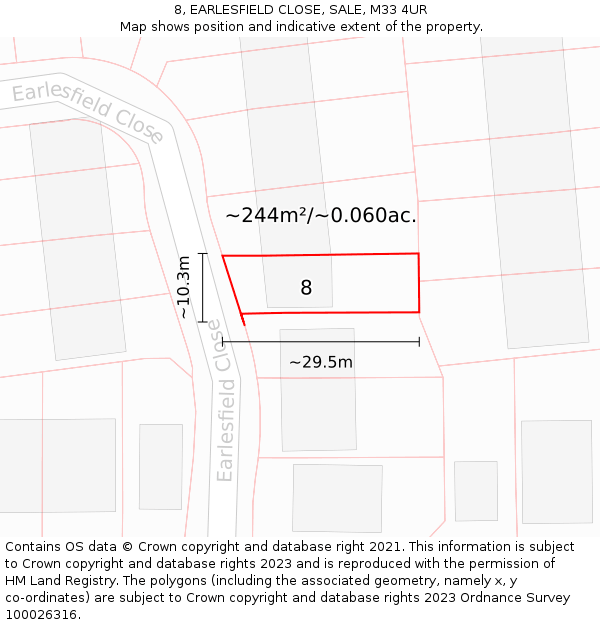 8, EARLESFIELD CLOSE, SALE, M33 4UR: Plot and title map