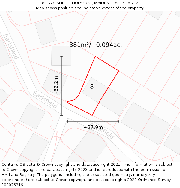 8, EARLSFIELD, HOLYPORT, MAIDENHEAD, SL6 2LZ: Plot and title map