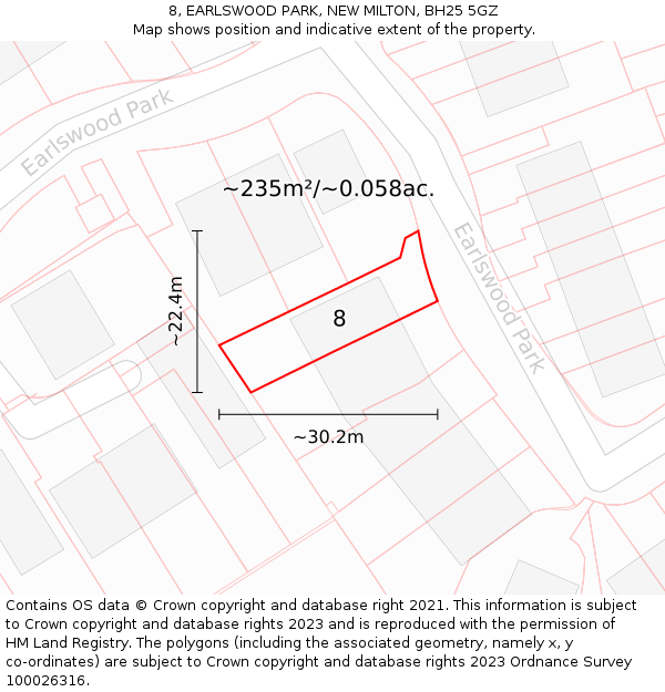 8, EARLSWOOD PARK, NEW MILTON, BH25 5GZ: Plot and title map