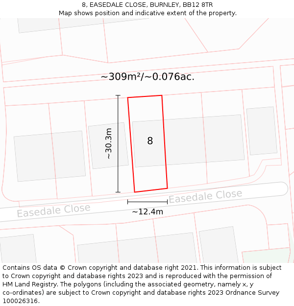 8, EASEDALE CLOSE, BURNLEY, BB12 8TR: Plot and title map