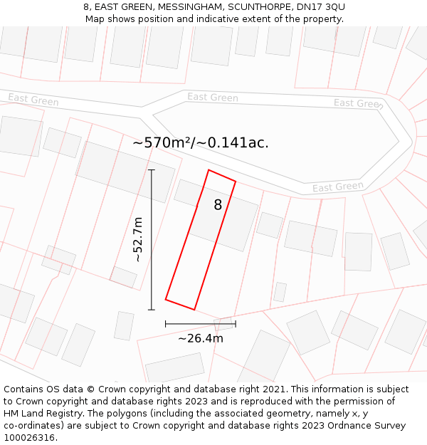 8, EAST GREEN, MESSINGHAM, SCUNTHORPE, DN17 3QU: Plot and title map