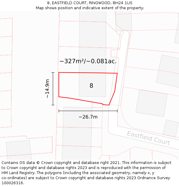 8, EASTFIELD COURT, RINGWOOD, BH24 1US: Plot and title map