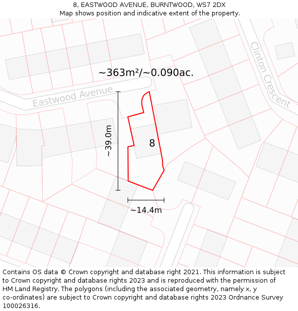 8, EASTWOOD AVENUE, BURNTWOOD, WS7 2DX: Plot and title map