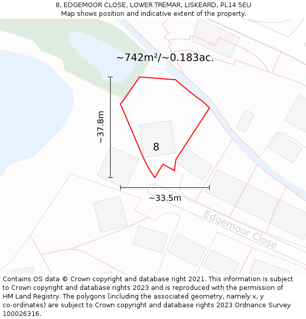 8, EDGEMOOR CLOSE, LOWER TREMAR, LISKEARD, PL14 5EU: Plot and title map
