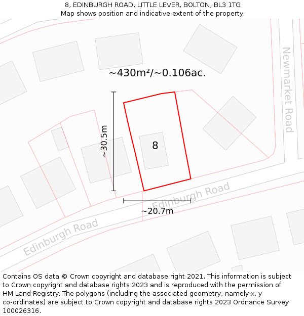 8, EDINBURGH ROAD, LITTLE LEVER, BOLTON, BL3 1TG: Plot and title map