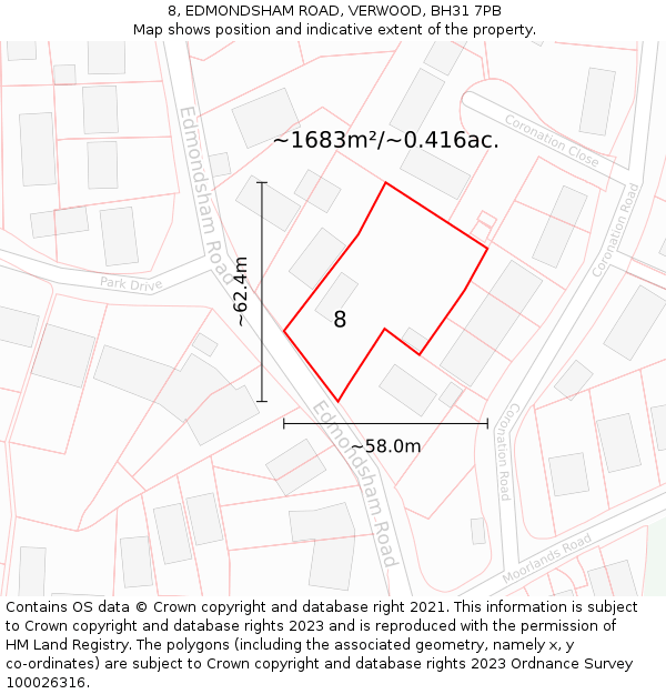 8, EDMONDSHAM ROAD, VERWOOD, BH31 7PB: Plot and title map