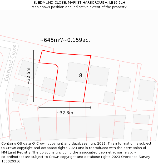 8, EDMUND CLOSE, MARKET HARBOROUGH, LE16 9LH: Plot and title map