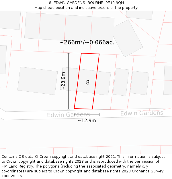 8, EDWIN GARDENS, BOURNE, PE10 9QN: Plot and title map