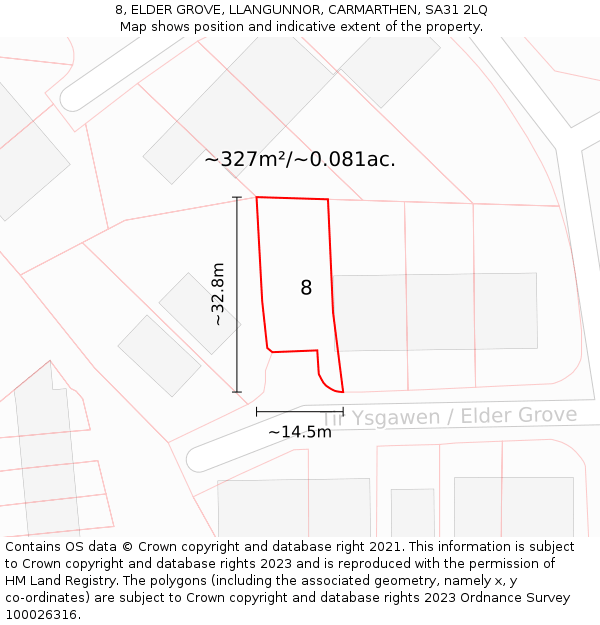 8, ELDER GROVE, LLANGUNNOR, CARMARTHEN, SA31 2LQ: Plot and title map