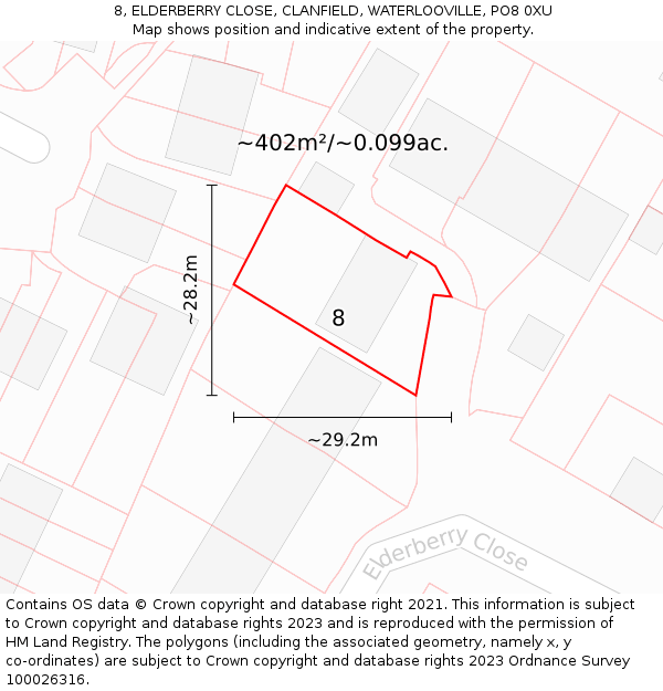 8, ELDERBERRY CLOSE, CLANFIELD, WATERLOOVILLE, PO8 0XU: Plot and title map