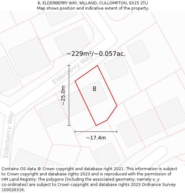 8, ELDERBERRY WAY, WILLAND, CULLOMPTON, EX15 2TU: Plot and title map