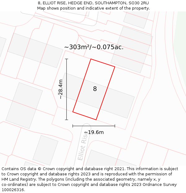 8, ELLIOT RISE, HEDGE END, SOUTHAMPTON, SO30 2RU: Plot and title map